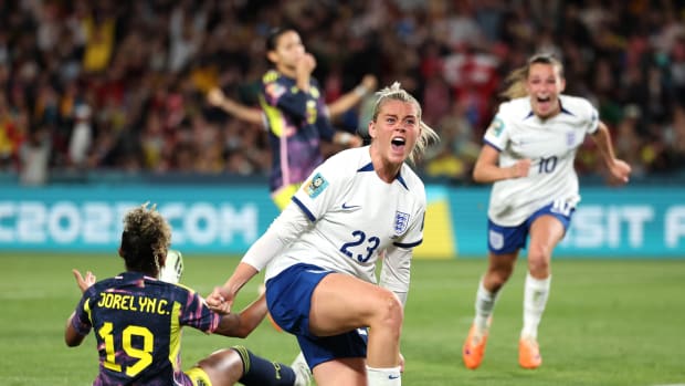 Alessia Russo pictured celebrating after scoring the winning goal for England against Colombia in the quarter-finals of the 2023 FIFA Women's World Cup